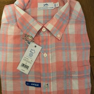 Southern Tide Men's Coral and Blue Plaid Shirt
